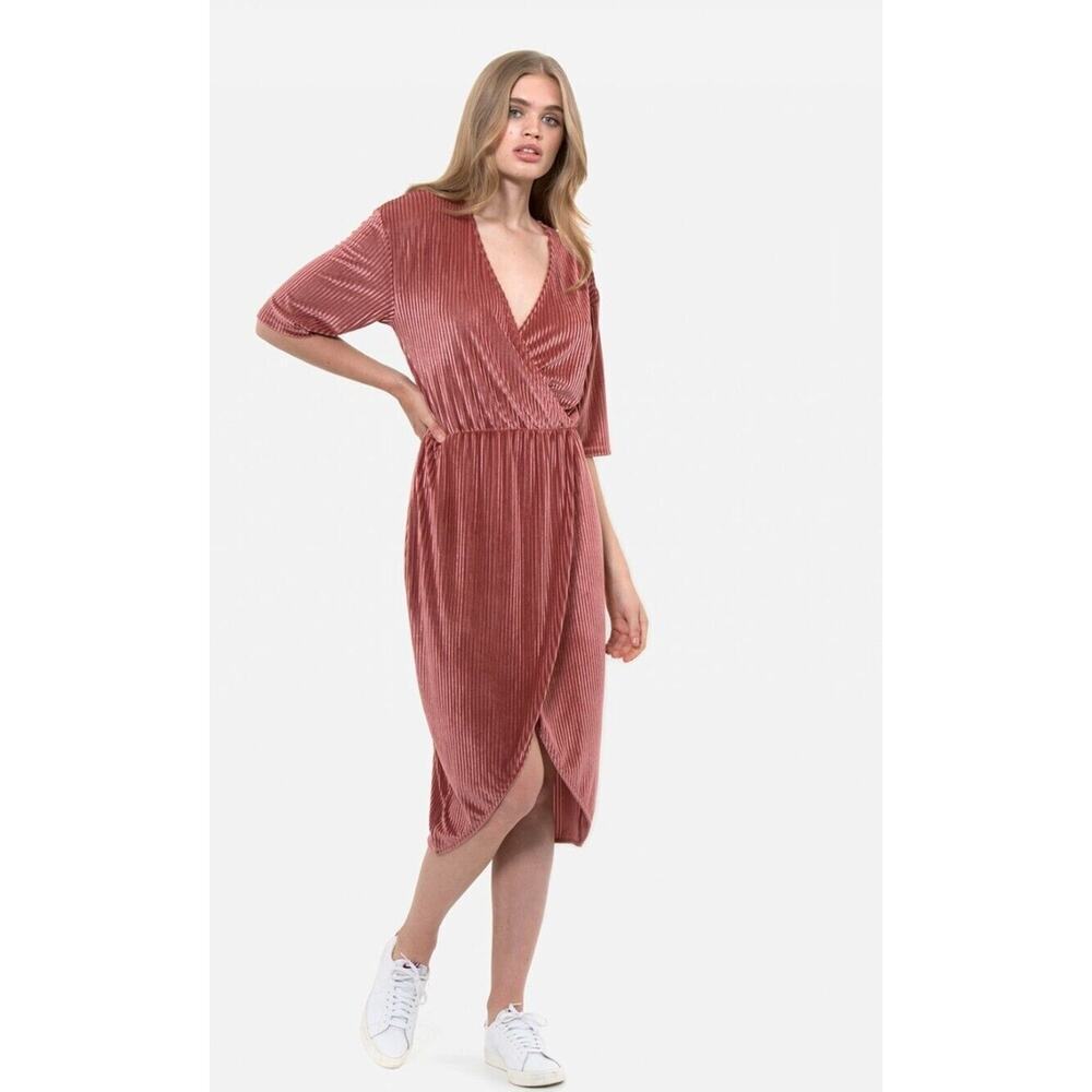 MSCH Copenhagen Vivi Vivo Rib V Neck‎ Wrap Stretch Dress Velvet Cranberry Red L